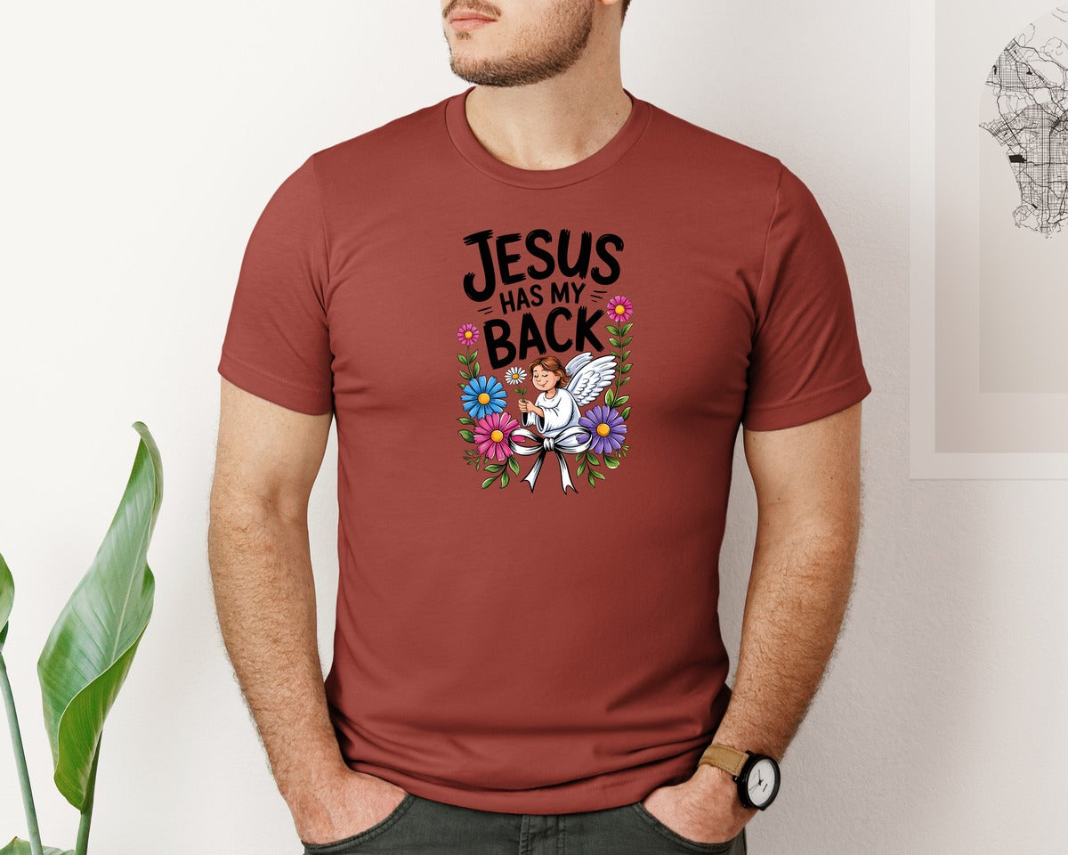 brand:Bella Canvas|color:Rust|Jesus Has My Back Floral Design Sublimat Graphic T-Shirt