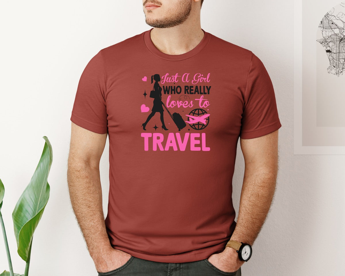 brand:Bella Canvas|color:Rust|Just A Girl Who Really Love Travel Graphic T-Shirt