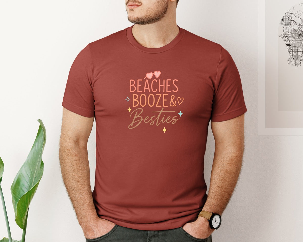 brand:Bella Canvas|color:Rust|Beaches Booze And Besties T Shirt Graphic T-Shirt