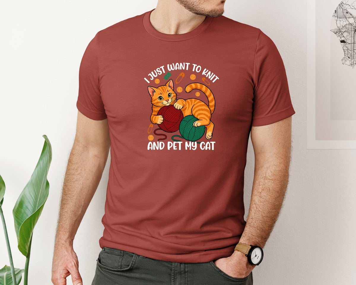 brand:Bella Canvas|color:Rust|Cute Knitting And Cat Lover T Shirt Graphic T-Shirt