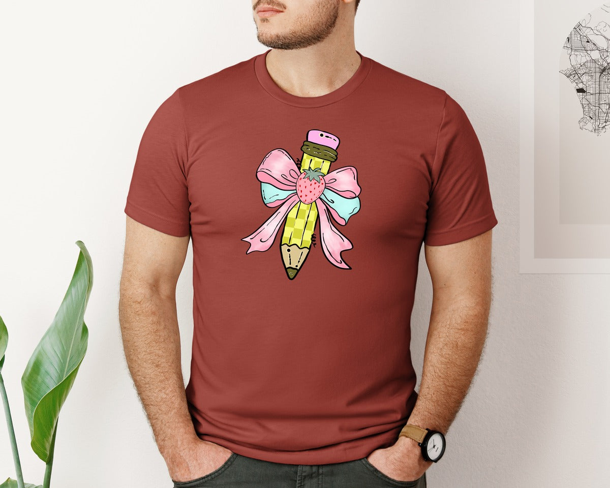brand:Bella Canvas|color:Rust|Coquette Pencil Teacher Back To School Graphic T-Shirt