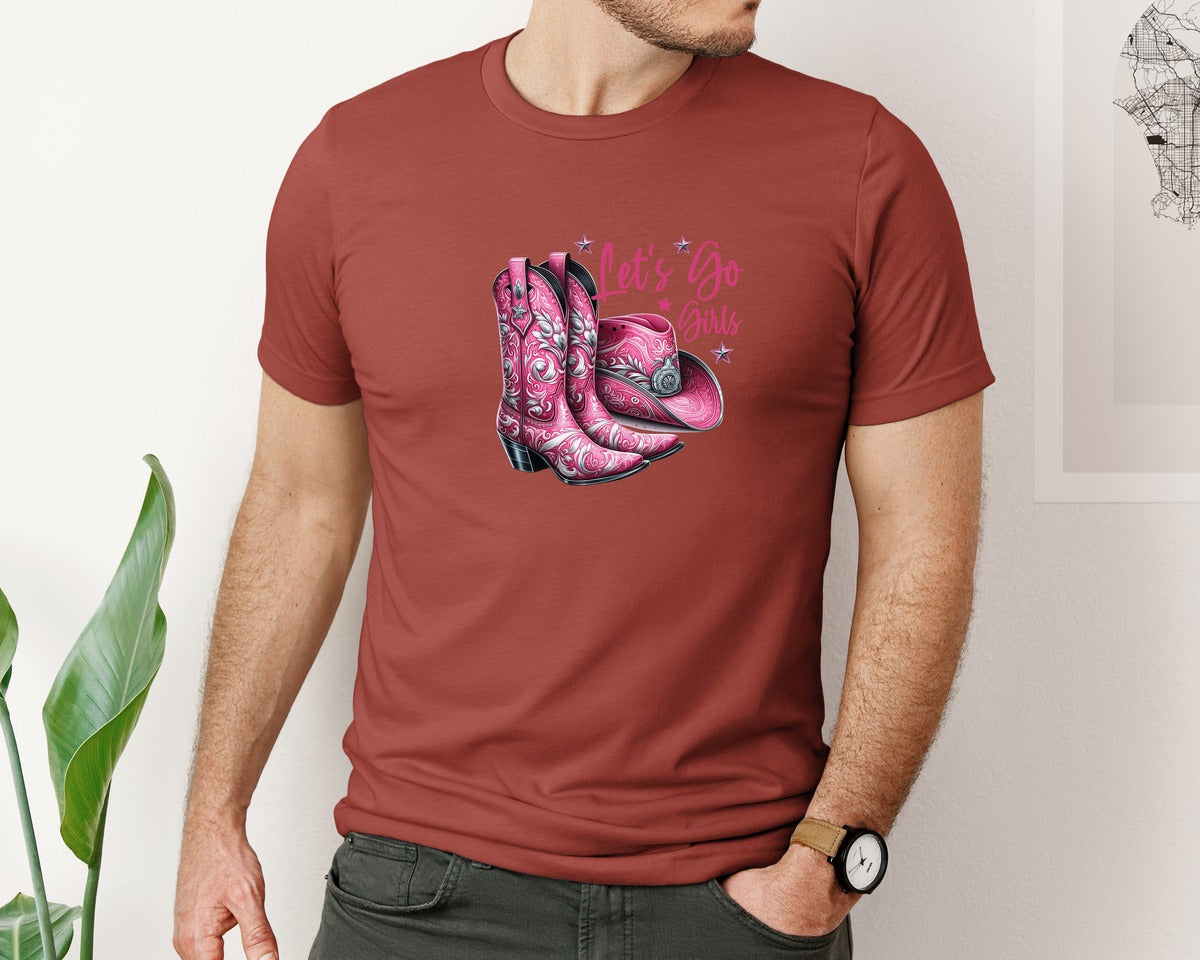 brand:Bella Canvas|color:Rust|Lets Go Girls Cowgirl Boots 2 Graphic T-Shirt