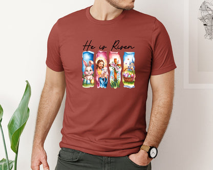 brand:Bella Canvas|color:Rust|He Is Risen Easter Jesus Christian Graphic T-Shirt