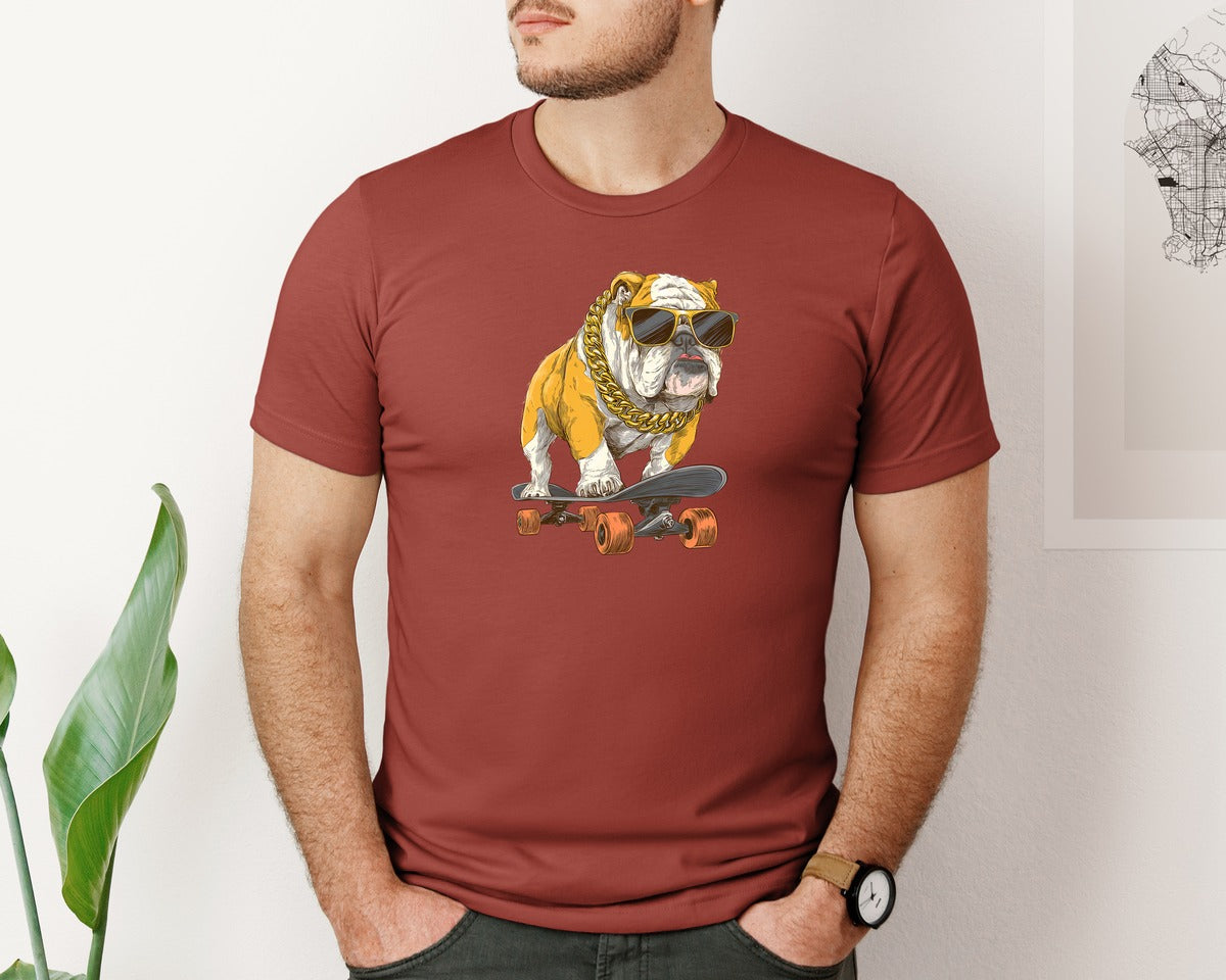brand:Bella Canvas|color:Rust|Cool Bulldog Skateboarder Graphics Graphic T-Shirt