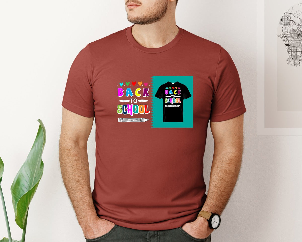 brand:Bella Canvas|color:Rust|Colorful Back To School Text With Pencil Graphic T-Shirt