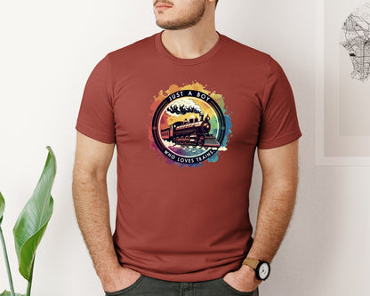 brand:Bella Canvas|color:Rust|Just A Boy Who Loves Trains Graphic T-Shirt