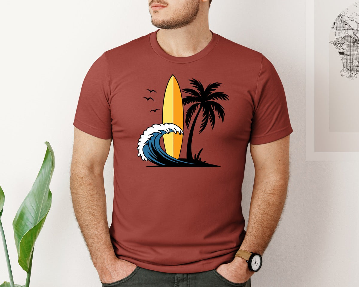brand:Bella Canvas|color:Rust|Surfboard With Ocean Wave And Palm Tree Graphic T-Shirt