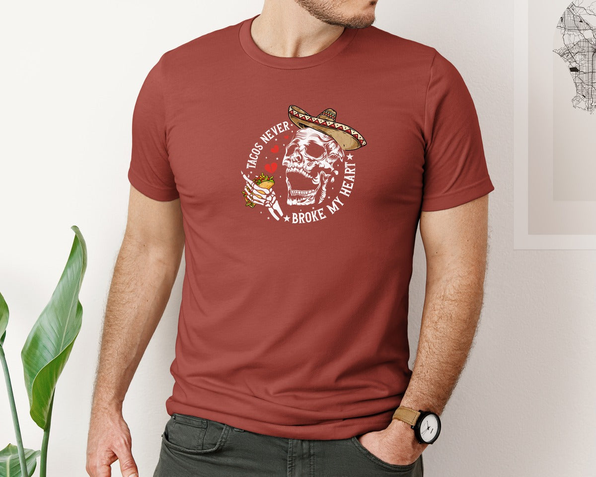 brand:Bella Canvas|color:Rust|Tacos Never Broke My Heart Skeleton Graphic T-Shirt