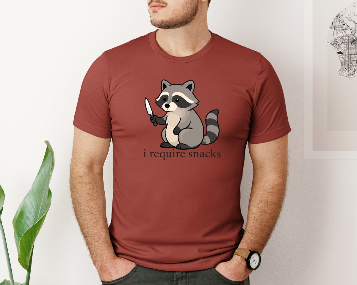 brand:Bella Canvas|color:Rust|I Require Snacks Funny Raccoon Humor Graphic T-Shirt