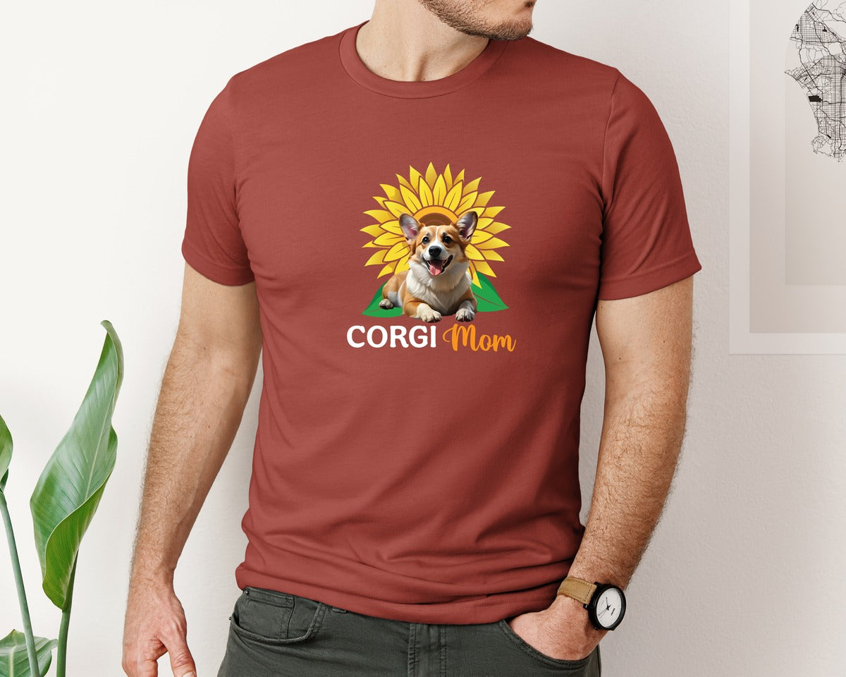 brand:Bella Canvas|color:Rust|Corgi Mom Sunflower Graphic T-Shirt