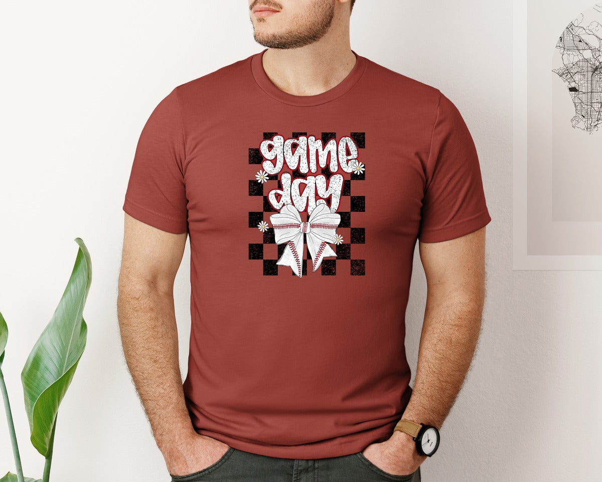 brand:Bella Canvas|color:Rust|Checkered Baseball Game Day Graphic T-Shirt