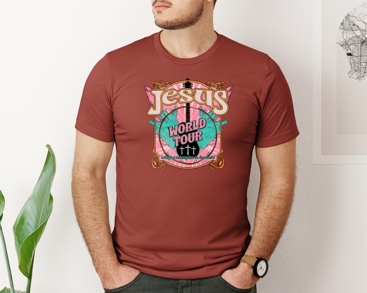 brand:Bella Canvas|color:Rust|Jesus World Tour Christian Art Graphic T-Shirt