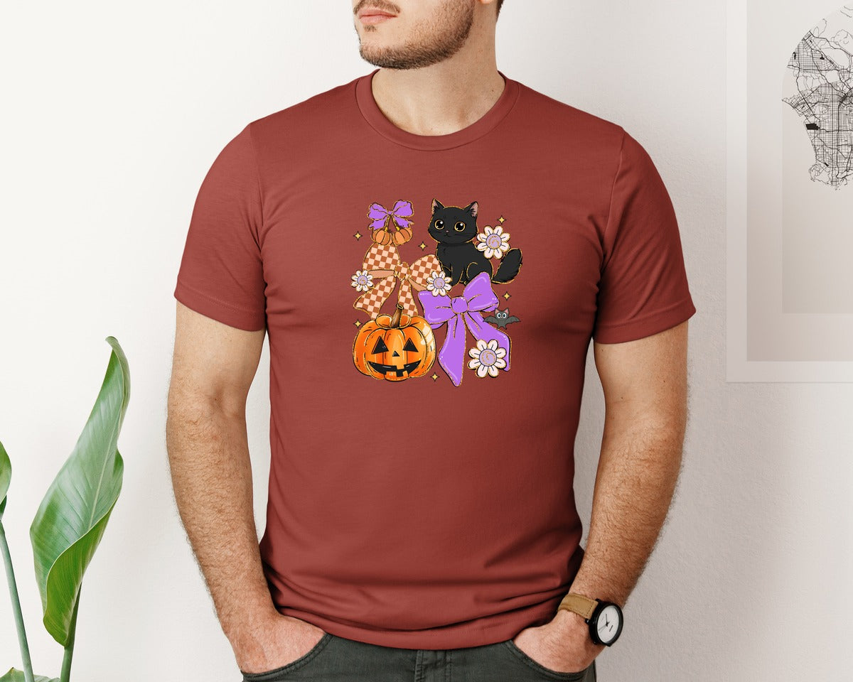 brand:Bella Canvas|color:Rust|Blakck Cat Halloween Coquette Graphic T-Shirt