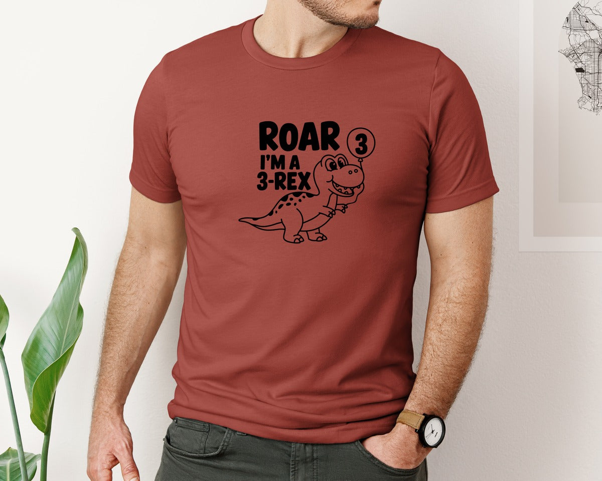 brand:Bella Canvas|color:Rust|3 Rex Dinosaur Birthday Graphic T-Shirt