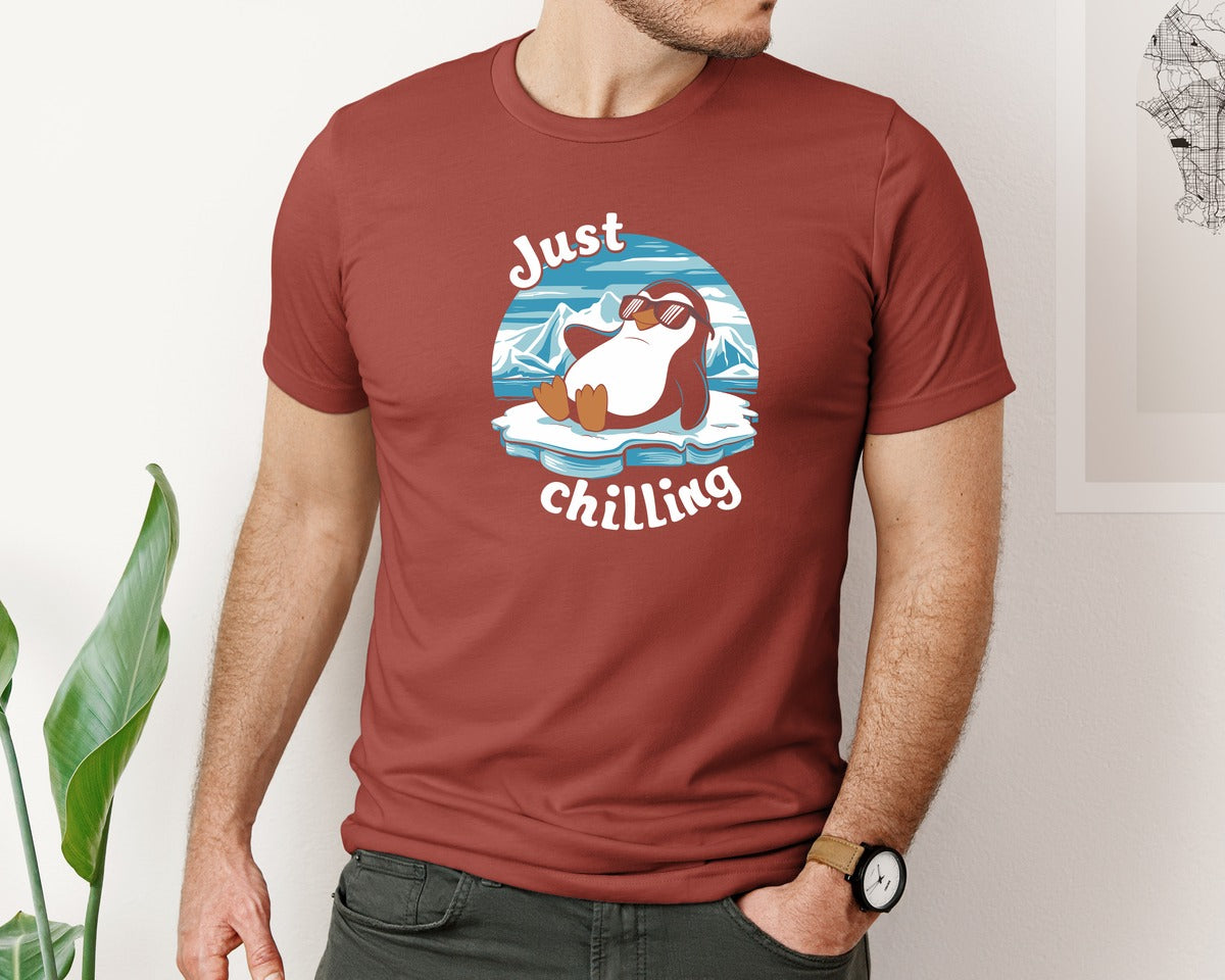 brand:Bella Canvas|color:Rust|Just Chilling Penguin Pun Relaxed Vibes Graphic T-Shirt