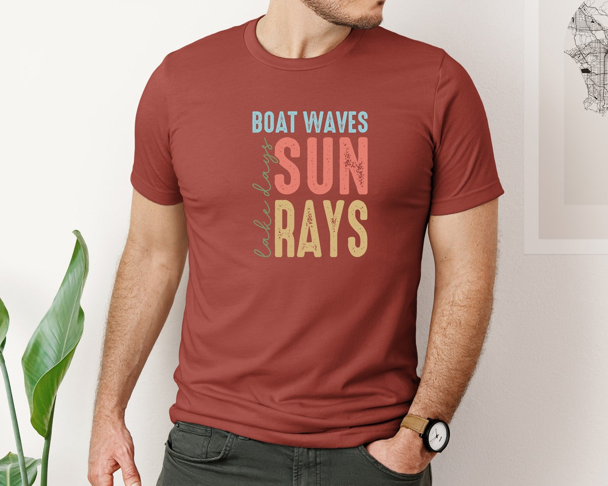 brand:Bella Canvas|color:Rust|Boat Waves Sun Ray Lake Days Summer Graphic T-Shirt