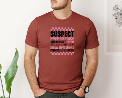 brand:Bella Canvas|color:Rust|Suspect Claims She Listens Summer 3 Graphic T-Shirt