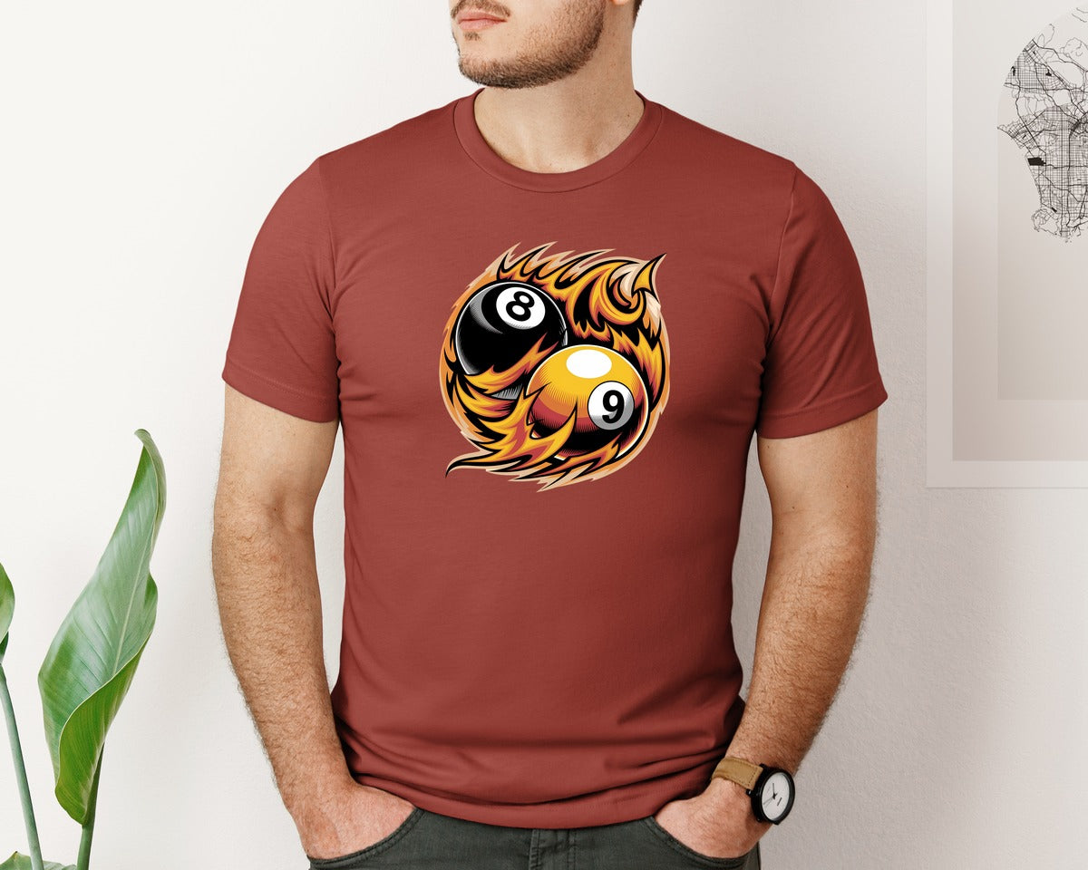 brand:Bella Canvas|color:Rust|Flaming 8 9 Ball Billiards Graphic T-Shirt