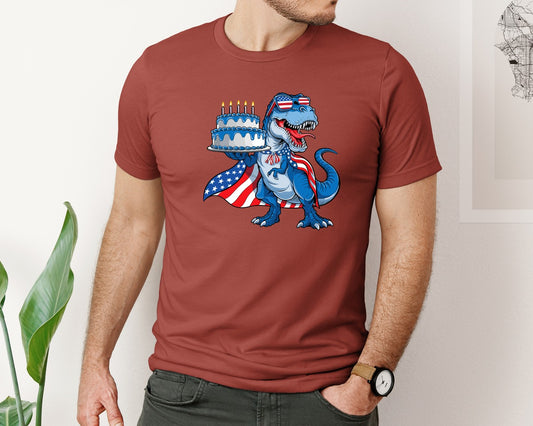 T Rex Holding Birthday Cake Dinosaur Usa Graphic T-Shirt