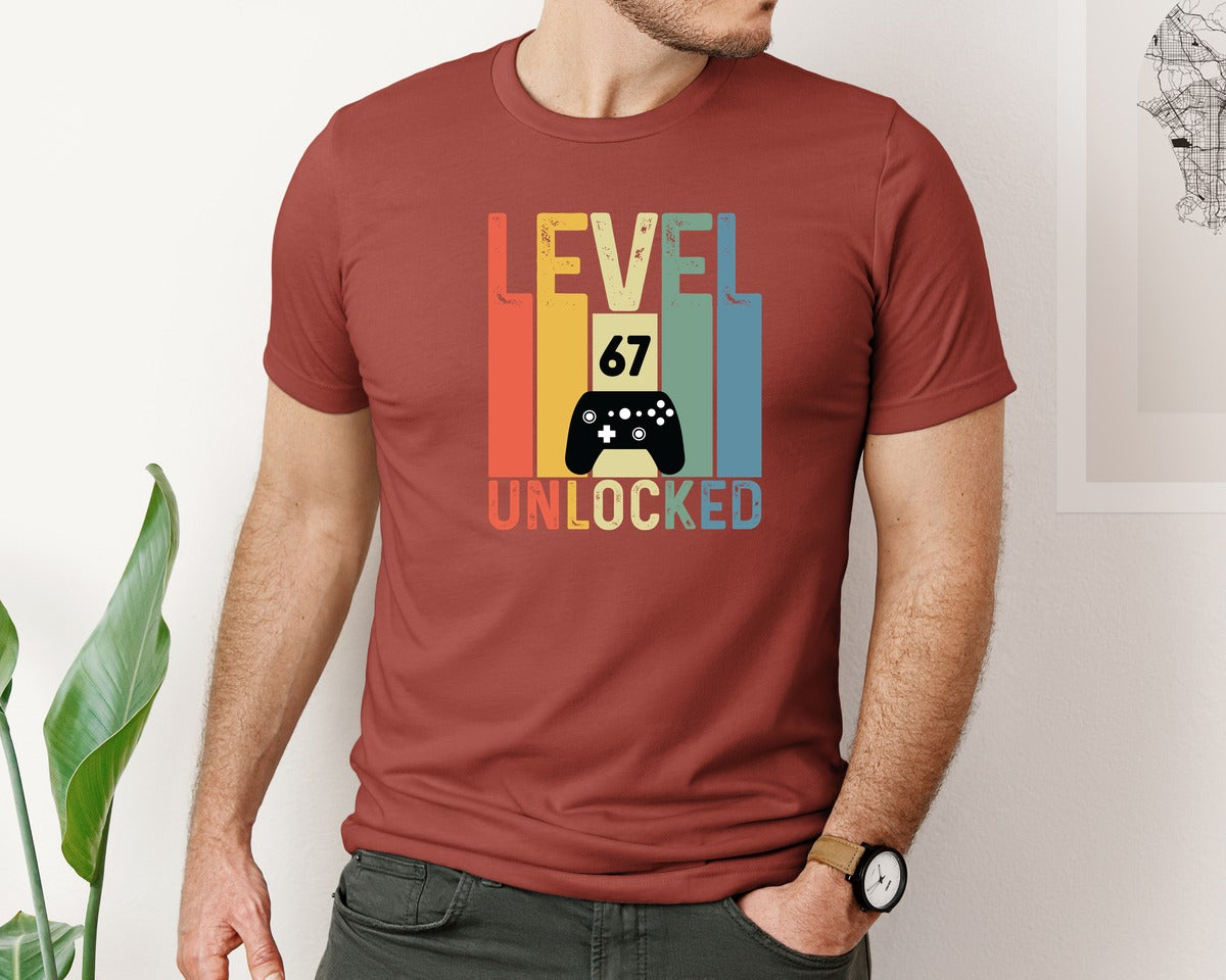 brand:Bella Canvas|color:Rust|Gaming Level 67 Unlocked T Shirt Design Graphic T-Shirt