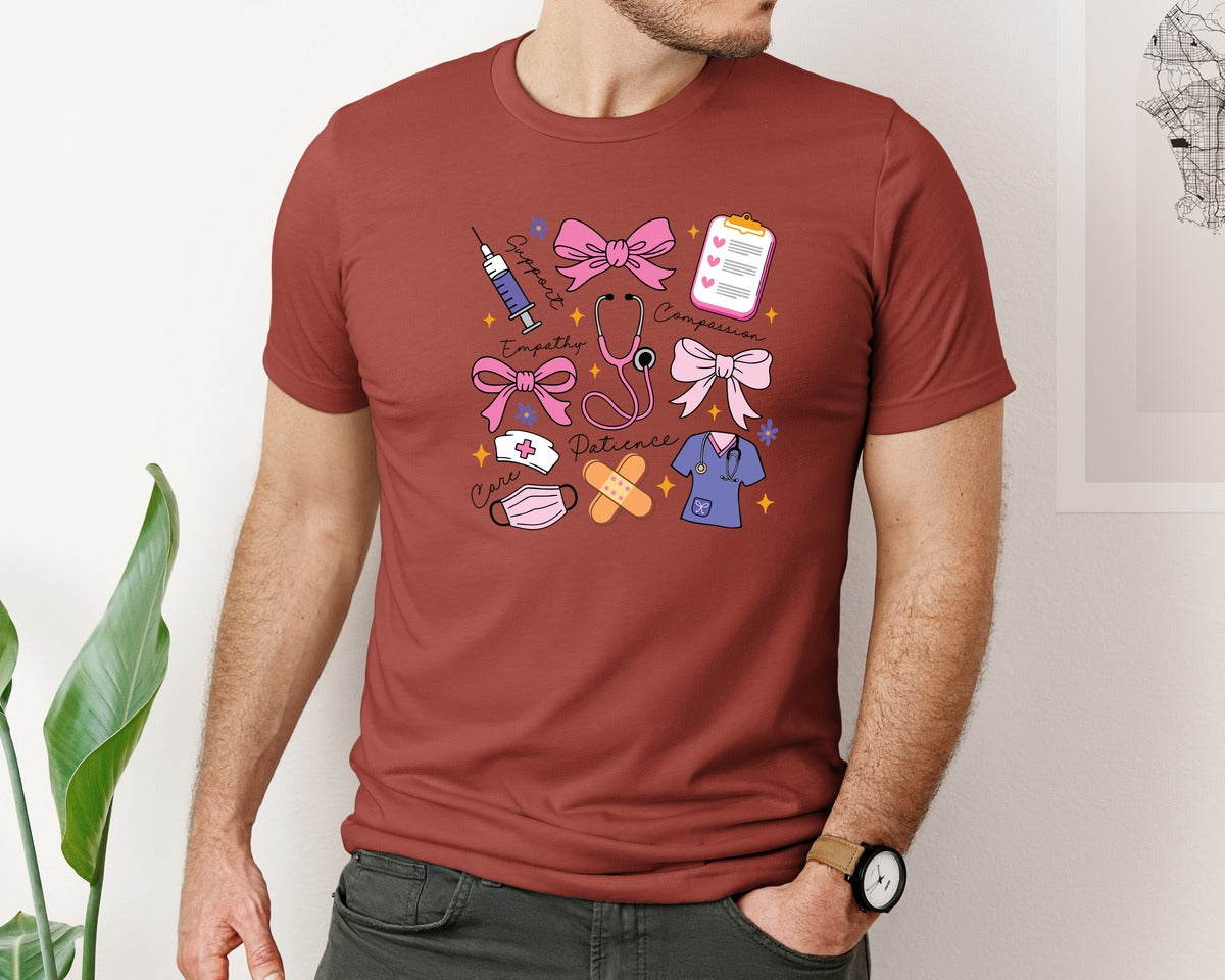 brand:Bella Canvas|color:Rust|Coquette Nurse Health Care Worker 3 Graphic T-Shirt
