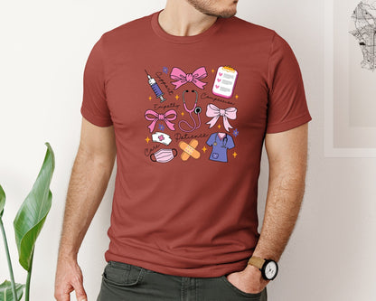 brand:Bella Canvas|color:Rust|Coquette Nurse Health Care Worker 3 Graphic T-Shirt