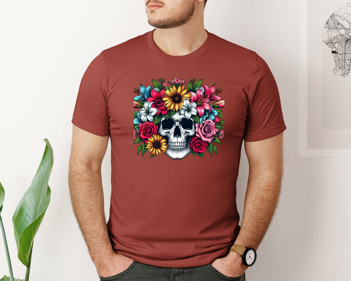 brand:Bella Canvas|color:Rust|Retro Floral Skull Design Graphic T-Shirt