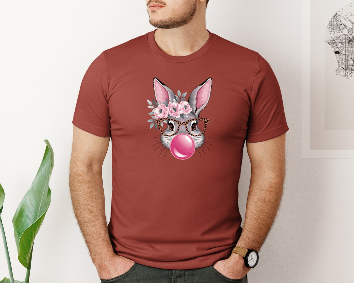 brand:Bella Canvas|color:Rust|Leopard Bunny Bubble Gum Design Graphic T-Shirt