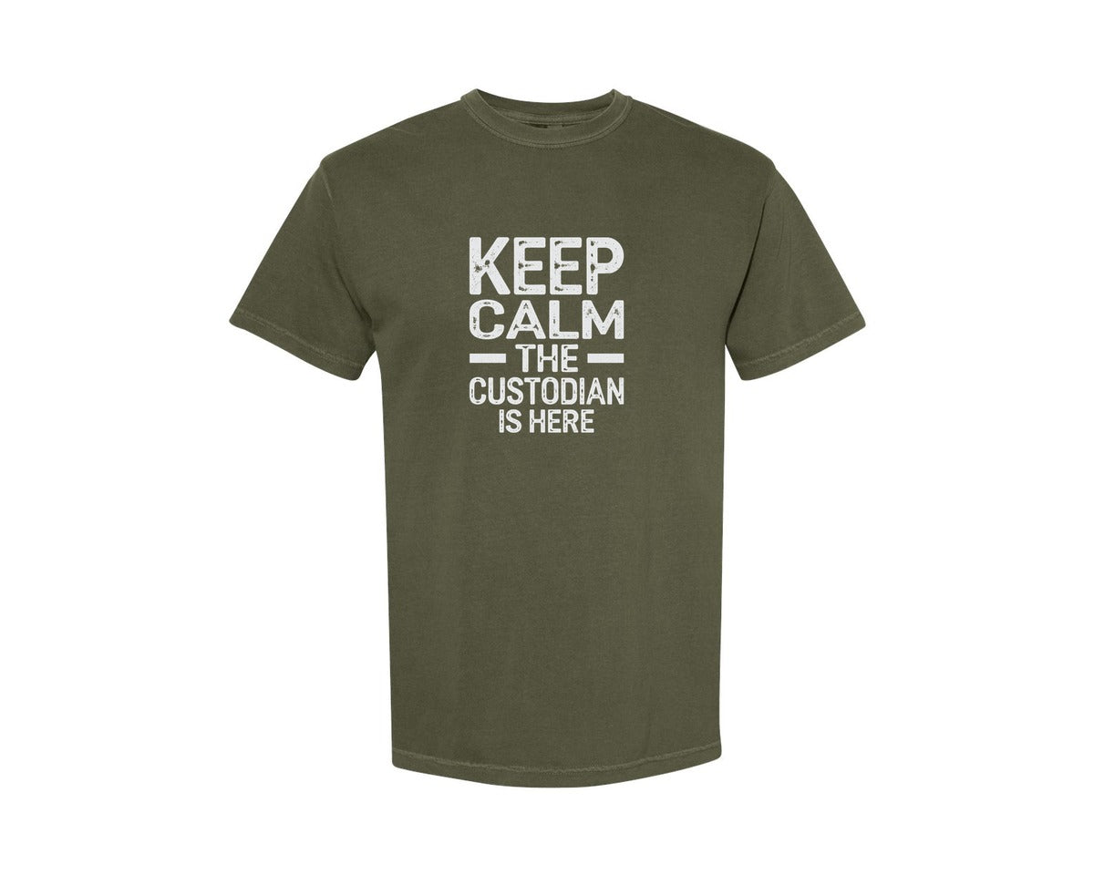 brand:Comfort Colors|color:Sage Green|Keep Calm Custodian Here Graphic T-Shirt