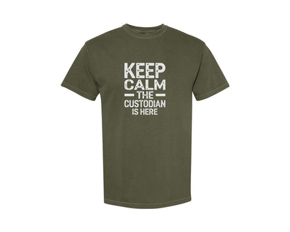 brand:Comfort Colors|color:Sage Green|Keep Calm Custodian Here Graphic T-Shirt