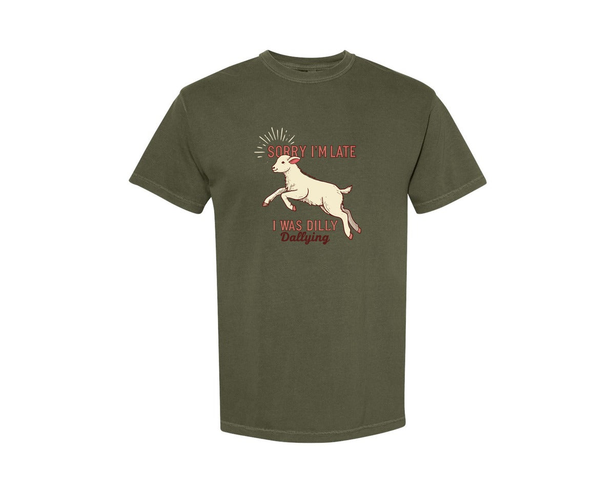 brand:Comfort Colors|color:Sage Green|Sorry Im Late Funny Goat Farm Graphic T-Shirt