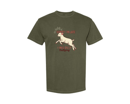 brand:Comfort Colors|color:Sage Green|Sorry Im Late Funny Goat Farm Graphic T-Shirt