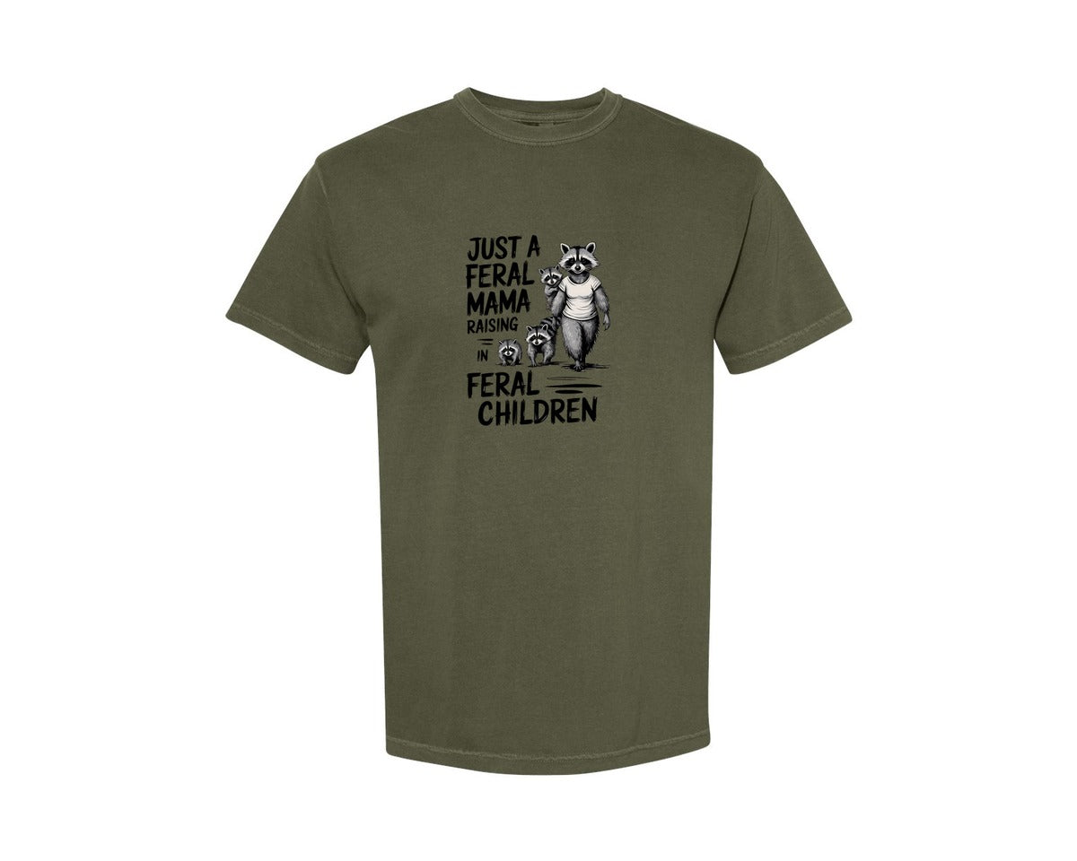 brand:Comfort Colors|color:Sage Green|Funny Mothers Day Raccoon Mama Tired Graphic T-Shirt