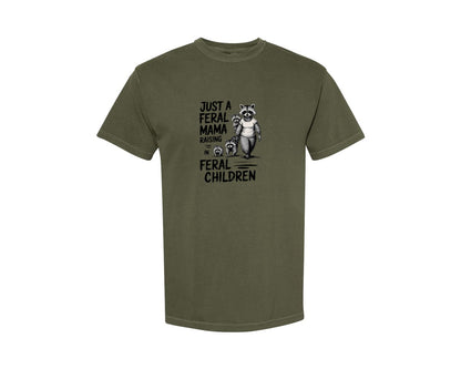 brand:Comfort Colors|color:Sage Green|Funny Mothers Day Raccoon Mama Tired Graphic T-Shirt