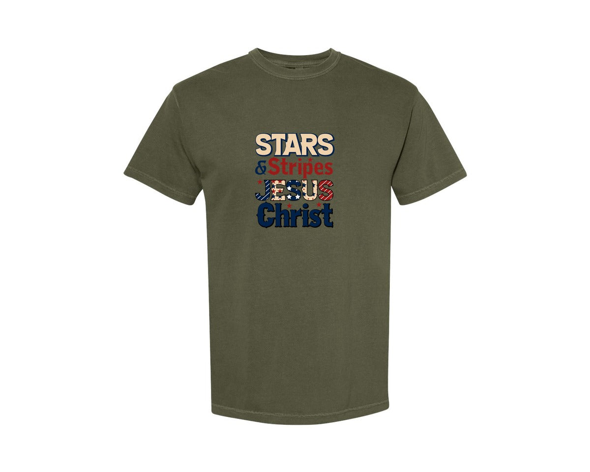 brand:Comfort Colors|color:Sage Green|Stars Stripes And Jesus Christ T Shirt Graphic T-Shirt