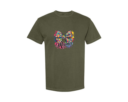 brand:Comfort Colors|color:Sage Green|Autism Mama Colorful Puzzle Bow Art Graphic T-Shirt