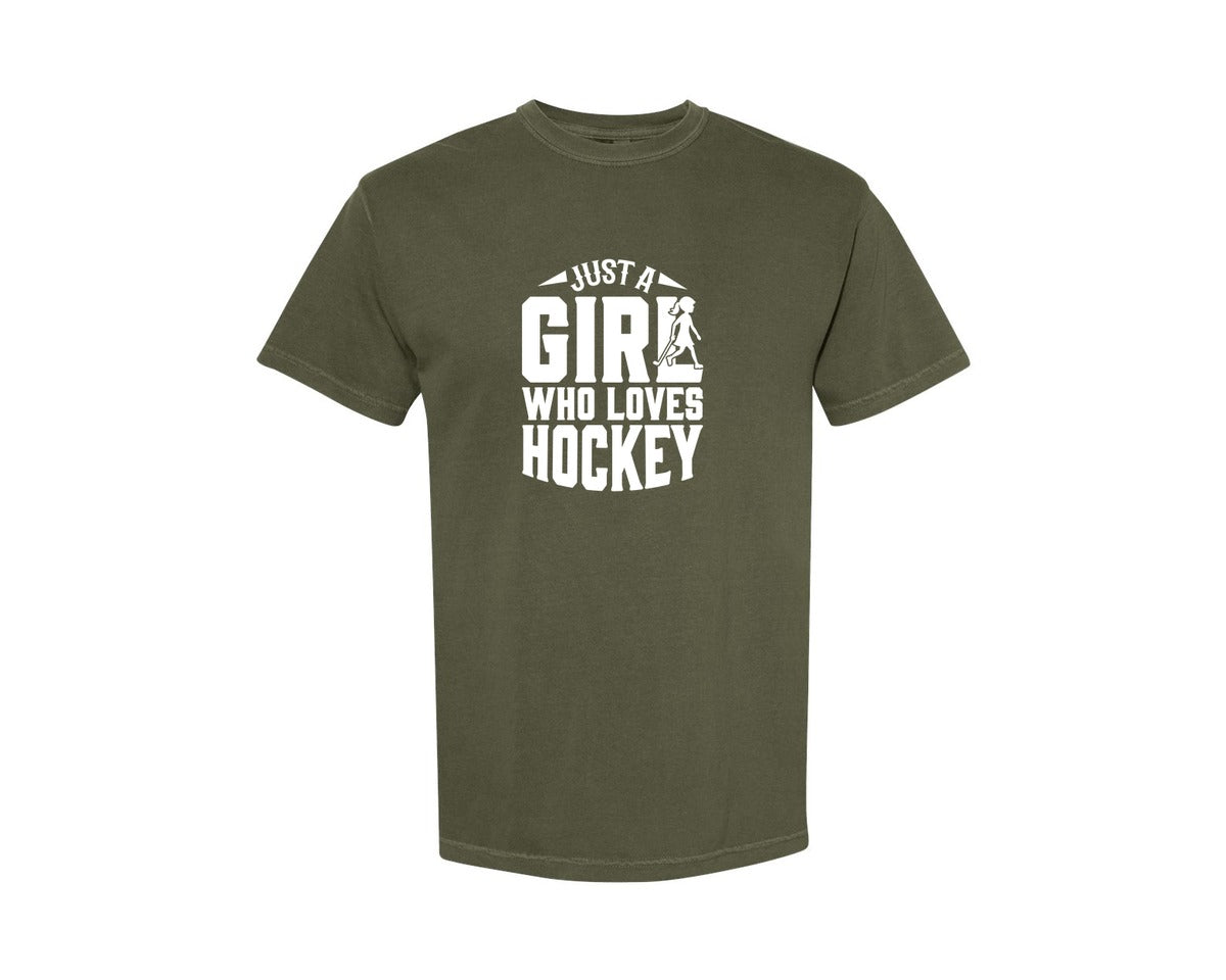 brand:Comfort Colors|color:Sage Green|Girl Who Loves Hockey Hockey Graphic T-Shirt