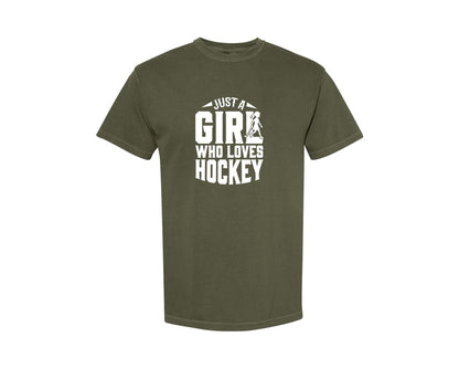 brand:Comfort Colors|color:Sage Green|Girl Who Loves Hockey Hockey Graphic T-Shirt