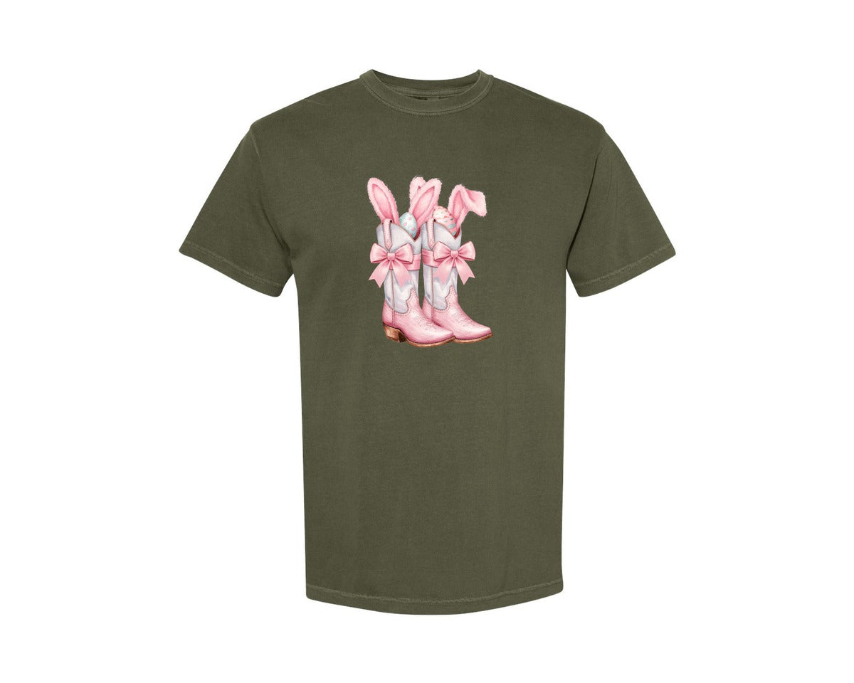 brand:Comfort Colors|color:Sage Green|Howdy Western Easter Bunny Cowboy Boots Graphic T-Shirt
