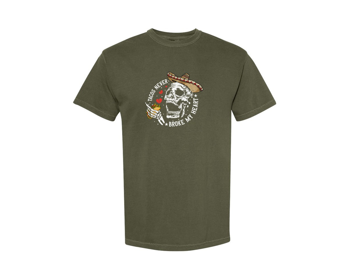 brand:Comfort Colors|color:Sage Green|Tacos Never Broke My Heart Skeleton Graphic T-Shirt