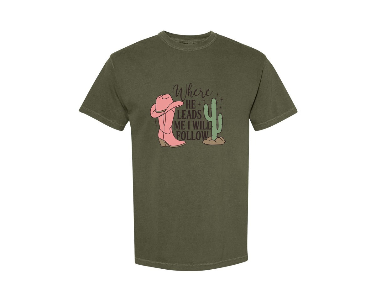 brand:Comfort Colors|color:Sage Green|Where He Leads Me I Will Follow Graphic T-Shirt