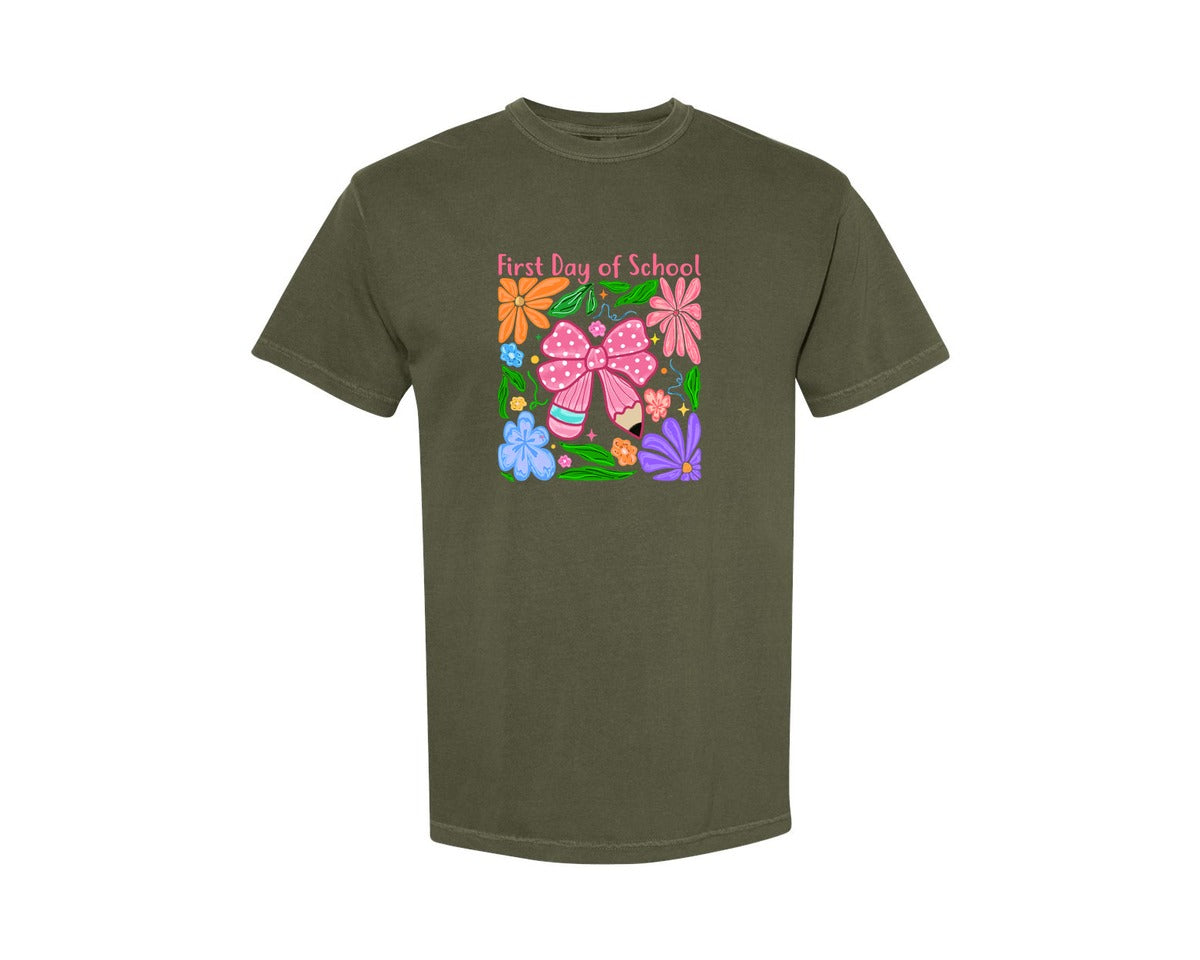 brand:Comfort Colors|color:Sage Green|First Day Of School Bow Pencil Graphic T-Shirt
