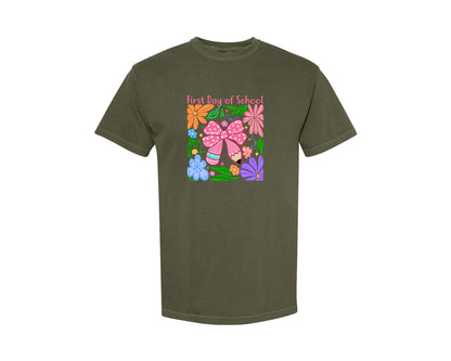 brand:Comfort Colors|color:Sage Green|First Day Of School Bow Pencil Graphic T-Shirt