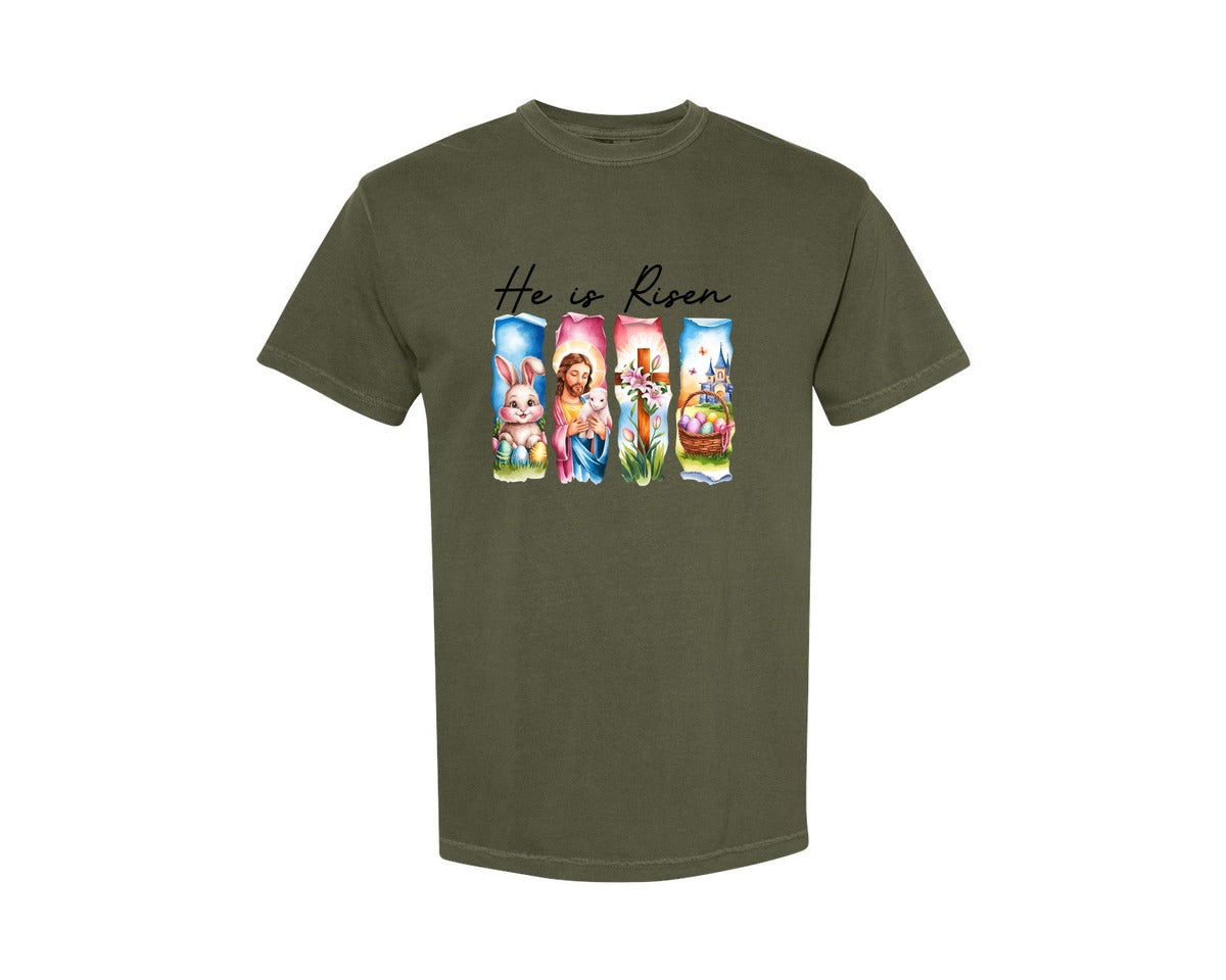 brand:Comfort Colors|color:Sage Green|He Is Risen Easter Jesus Christian Graphic T-Shirt