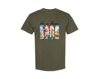 brand:Comfort Colors|color:Sage Green|He Is Risen Easter Jesus Christian Graphic T-Shirt