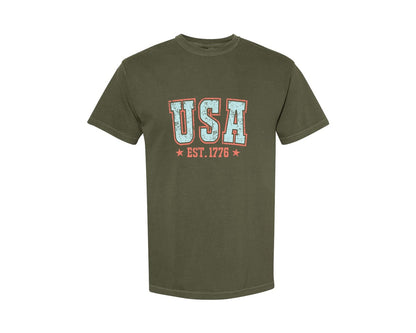 brand:Comfort Colors|color:Sage Green|Retro Usa America Est 1776 Grunge 2 Graphic T-Shirt