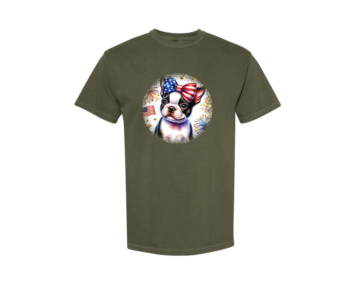 brand:Comfort Colors|color:Sage Green|Boston Terrier Dog Patriotic Round 3 Graphic T-Shirt