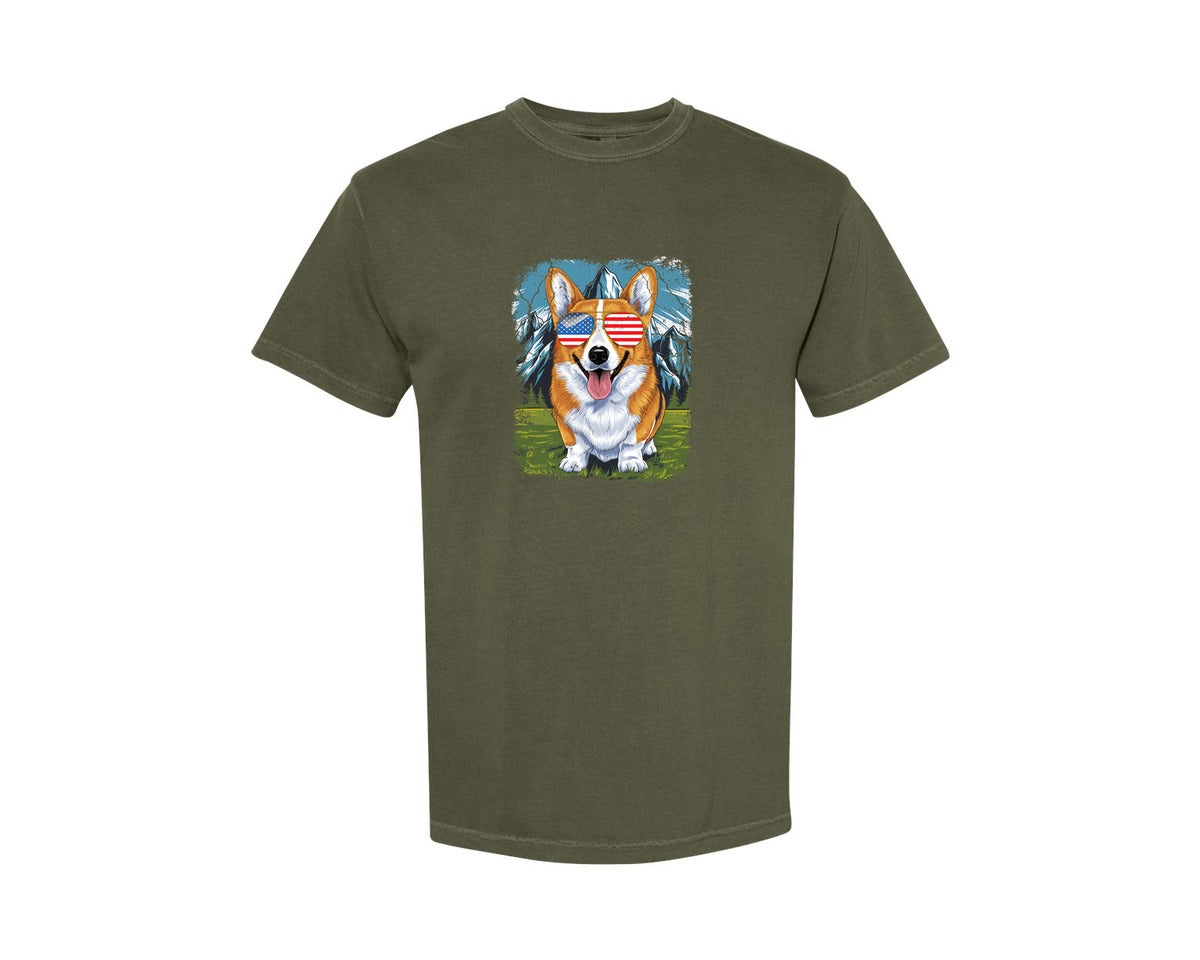 brand:Comfort Colors|color:Sage Green|Corgi American Flag 4Th Of July Graphic T-Shirt