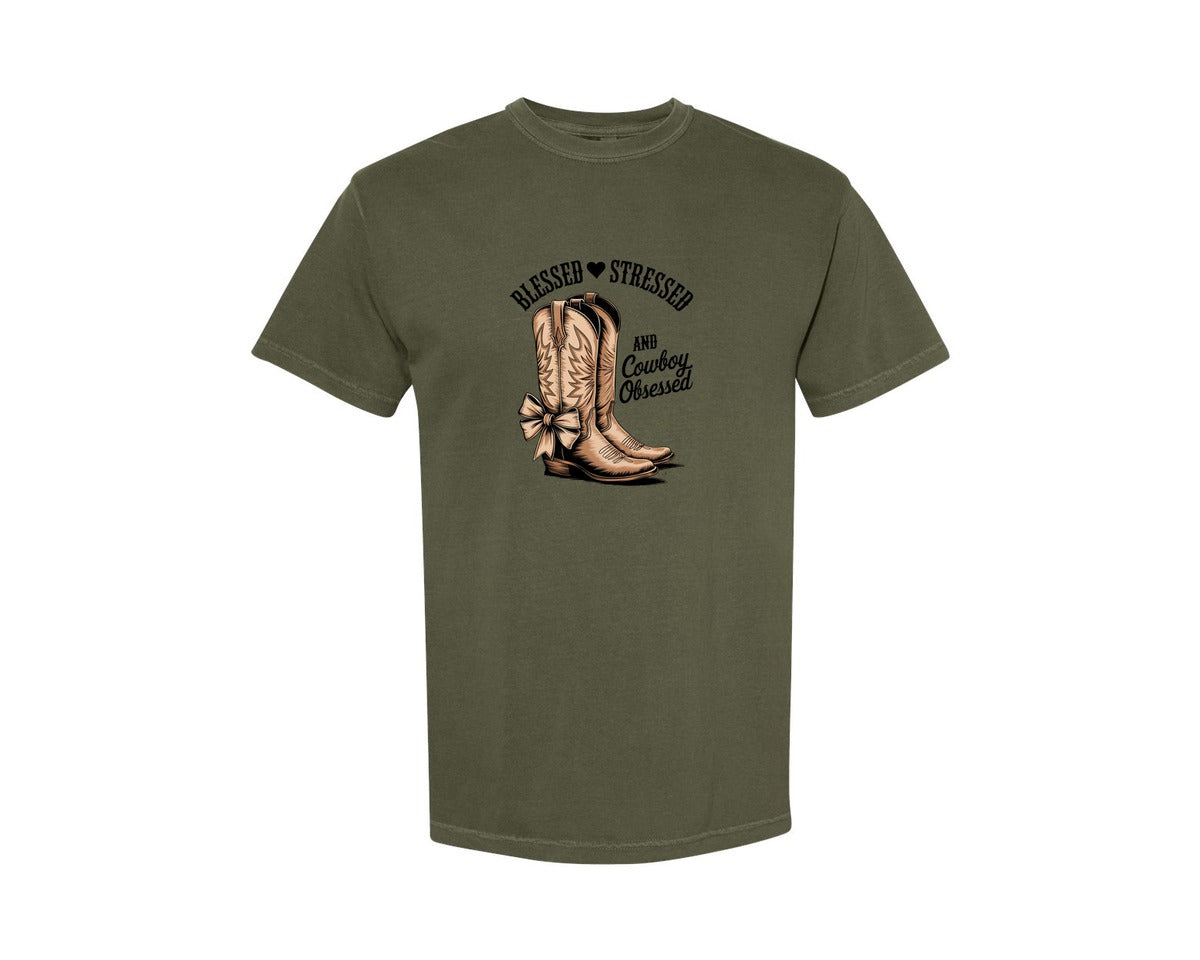 brand:Comfort Colors|color:Sage Green|Blessed Stressed Mom Western Mothers Day 2 Graphic T-Shirt