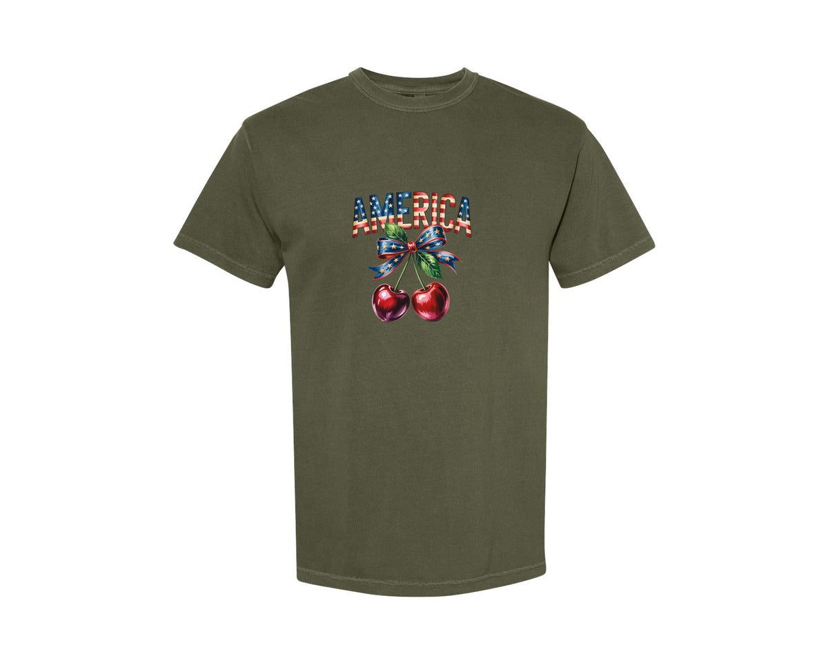 brand:Comfort Colors|color:Sage Green|4Th Of July America Coquette Cherry 7 Graphic T-Shirt